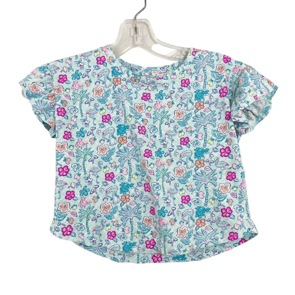 Vineyard Vines Blue Tropical Floral Flamingo Print Short Sleeve Top Kids Size XS